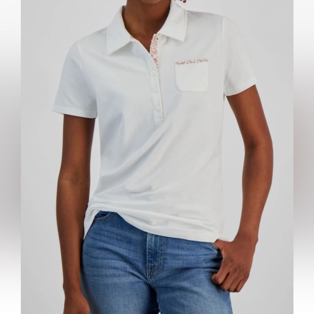 Nautica Jeans White Floral Printed-Trim Pocket Core Polo Shirt Size XL - Reemoly